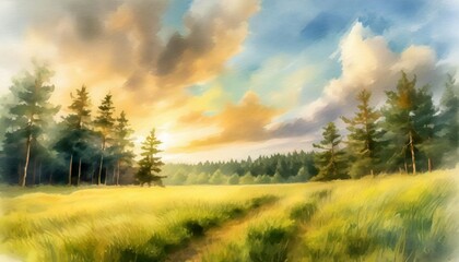 scenic summer green grass meadow beautiful and enchanting pine forest glade watercolor style fluffy clouds tranquil and peaceful nature art - obrazy, fototapety, plakaty