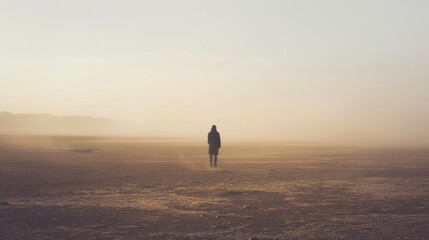 In the distance a lone figure stands with back to the viewer seemingly lost in the vastness of the desert. The faded colors . .