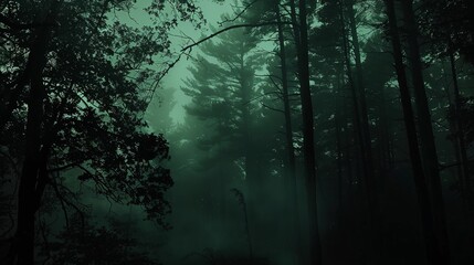Mystic forest with rembrandt studio lighting in black and dark green tones, atmospheric nature scene