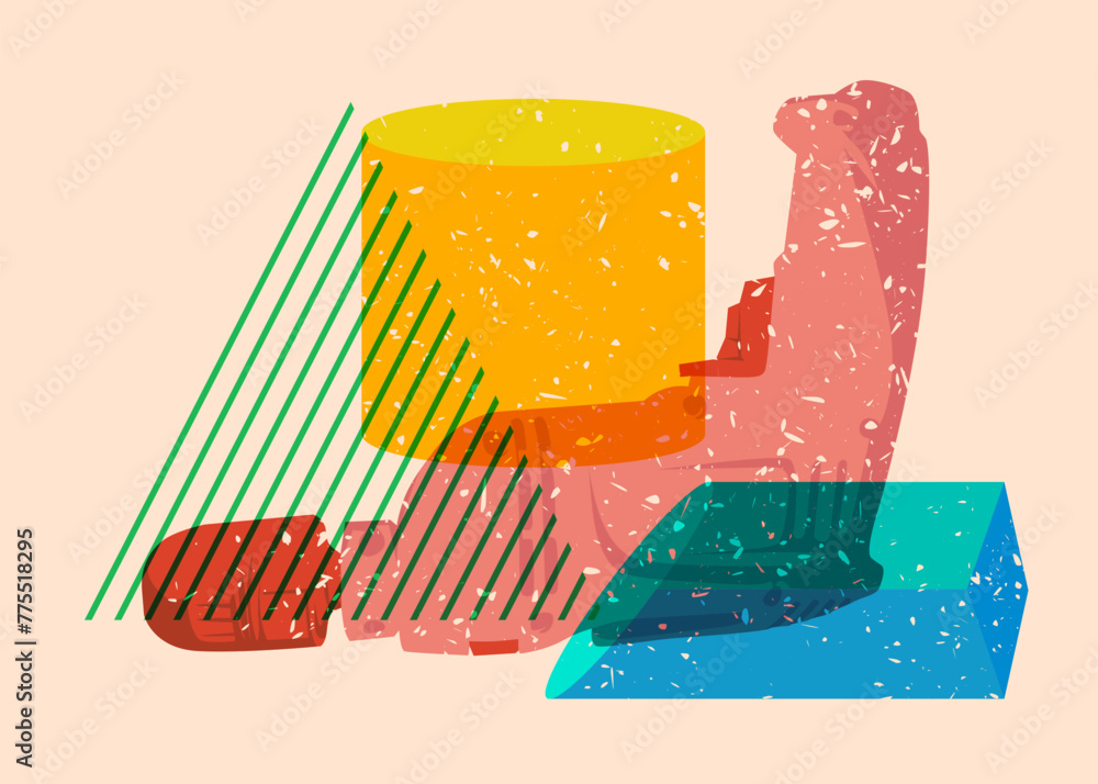 Poster risograph drill, power tool with geometric shapes. objects in trendy riso graph print texture style 