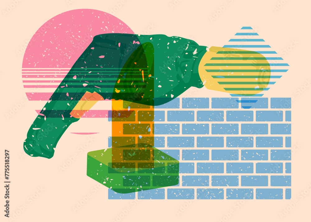 Poster risograph drill, power tool with geometric shapes. objects in trendy riso graph print texture style 