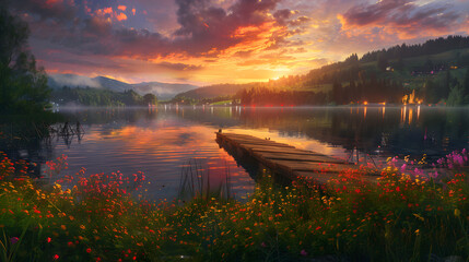 Enchanting Sunset Over Serene Lake Amidst Verdant Forest Landscape: A haven of tranquility - obrazy, fototapety, plakaty
