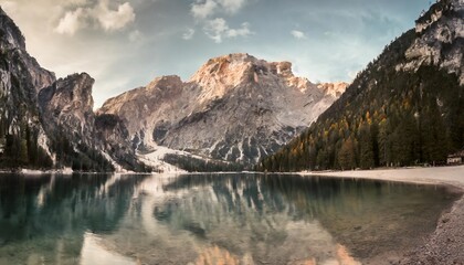 great view of the mighty rock above peaceful alpine lake braies national park fanes sennes braies italy europe