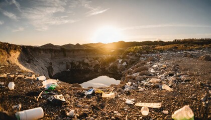 un gouffre naturel avec des dechets de poubelle plastique au sol generative ai