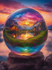 beautiful view of a lake in the afternoon in a crystal ball - obrazy, fototapety, plakaty