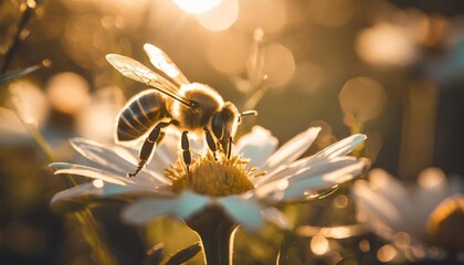 colorful bee in a fantasy environment with a golden spotlight on a flower ai generated