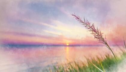 little grass stem close up with sunset over calm sea sun going down over horizon pink and purple pastel watercolor soft tones beautiful nature background digital art