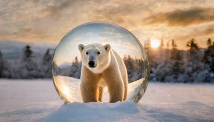 Fotobehang polar bear in a glass circle on the winter nature background generative ai © Jayla