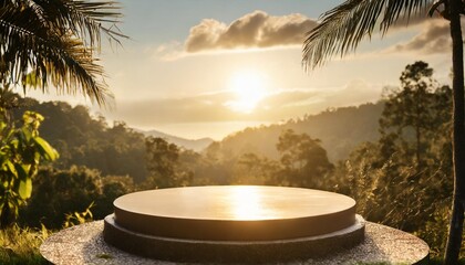 circle podium in tropical forest for product presentation behind is a view of the sky