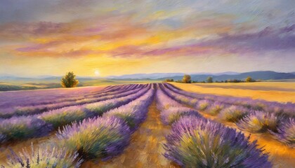lavender fields summer landscape in provence at sunset oil painting on canvas