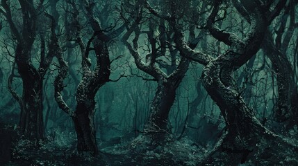 Mystical forest. detailed trees, bark, moonlight, black and green tones