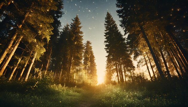 beautiful green fantasy night forest outdoor fairy tale nature background with copy space ai generative image