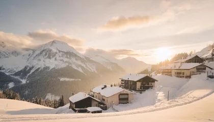 Fototapeten winter mountain resort background scenery hotels of alps on snowy winter landscape vacation travelling concept copy space alpine panoramic view generative ai © Ryan