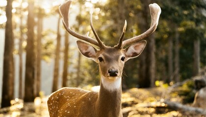 magical deer in nature with gold horns and white spots on body against background of forest generative ai