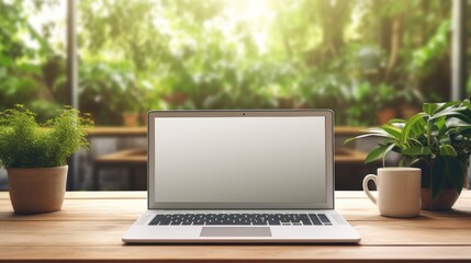  Laptop with blank screen ,Laptop on table at cafe