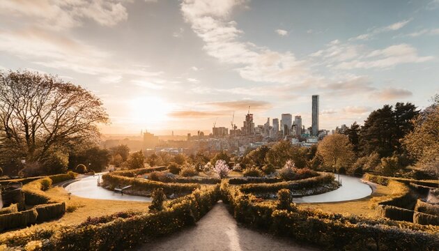 image of beautiful garden with a view of the city skyline generative ai