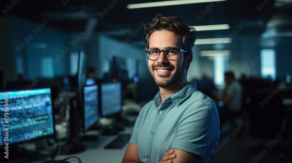 Poster smiling programmer looking at camera against monitor background.