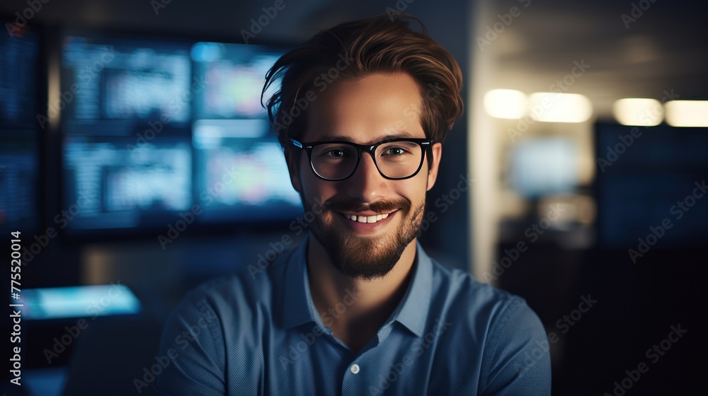 Poster smiling programmer looking at camera against monitor background.