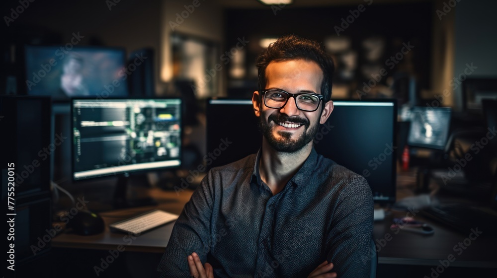 Poster smiling programmer looking at camera against monitor background.