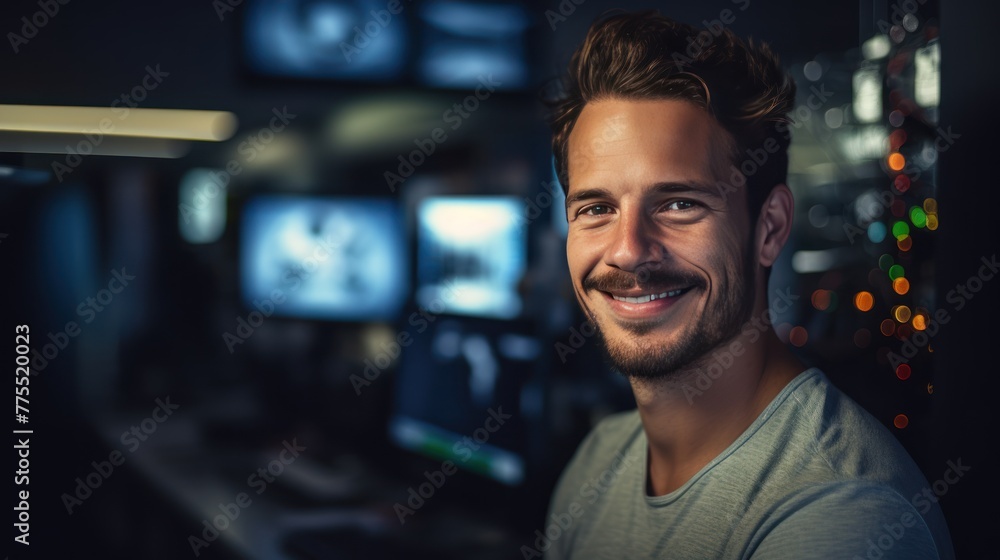 Poster smiling programmer looking at camera against monitor background.