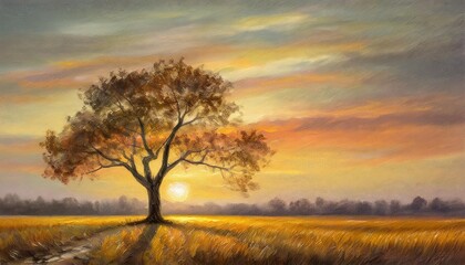 Fototapeta na wymiar vintage oil painting sunset lonely tree nature landscape