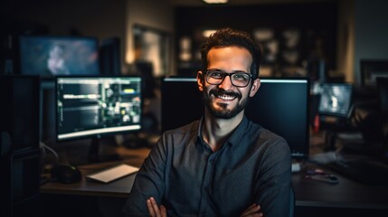 Smiling programmer looking at camera against monitor background. 