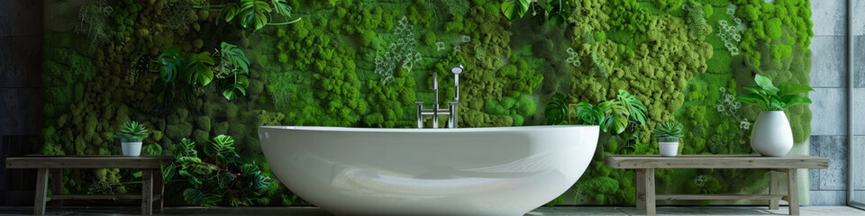 A bathroom with a vibrant green wall towering behind the bathtub, creating a refreshing and modern atmosphere. Banner. Copy space. Spa concept. - obrazy, fototapety, plakaty