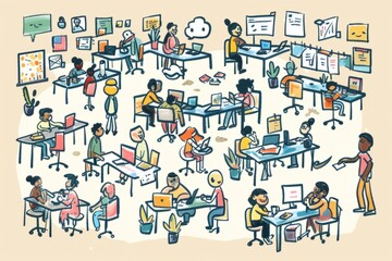 Cartoon cute doodles of a bustling office scene, with adorable characters working at desks, attending meetings, and collaborating on projects, Generative AI