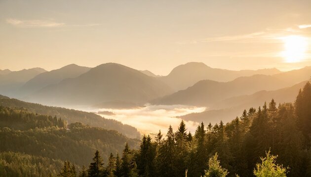 the mountains are covered in a layer of mist which is thicker in the valleys and thinner on the peaks the foreground consists of a dense forest of coniferous trees