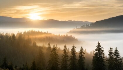 glowing fog in the valley at sunrise mysterious nature phenomenon above the coniferous forest spruce trees in mist beautiful nature scenery - obrazy, fototapety, plakaty