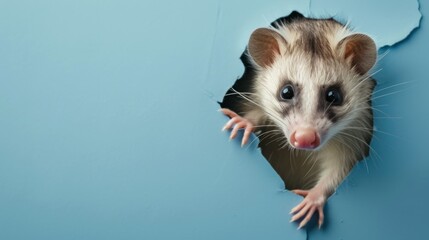 Cute opossum peeking through a hole in a blue paper wall.