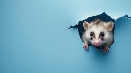 Cute opossum peeking through a hole in a blue paper wall.