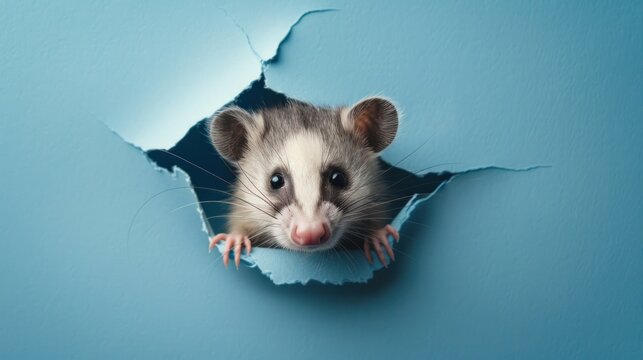 Cute opossum peeking through a hole in a blue paper wall.