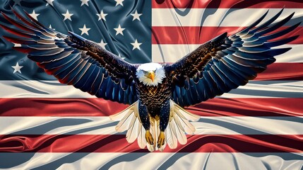 A large eagle is flying over a red, white, and blue American flag. The eagle is the main focus of the image, and it is positioned in the center of the flag. The eagle's wingspan is quite impressive - obrazy, fototapety, plakaty