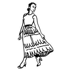 Pretty woman in summer skirt. Walking young girl turning around. Hand drawn linear doodle rough sketch. Black and white silhouette.