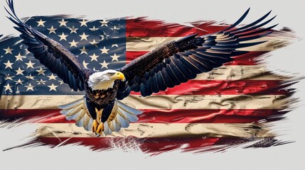 A large eagle is flying over a red, white, and blue American flag. - obrazy, fototapety, plakaty