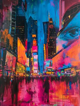 Capture an eye-level angle in a bustling cityscape where peoples auras are prominently displayed, showcasing a diverse range of vibrant colors and patterns 