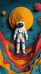 A colorful paper cutout of a man in a spacesuit standing in front of a colorful.