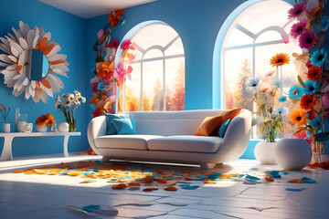 The interior deisgn of modern room combine with colorful daisy flowers3D rendor