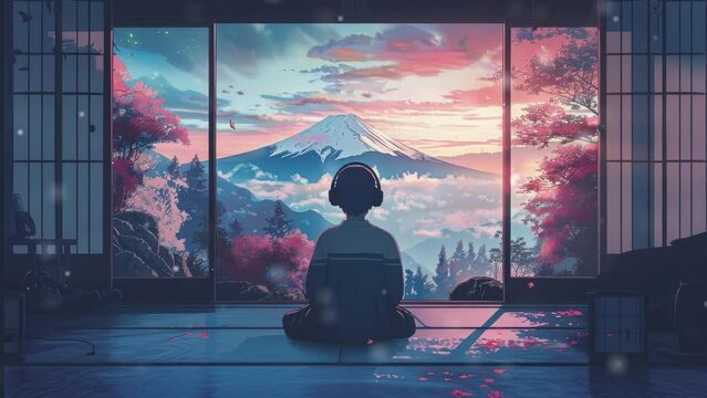 Lofi style image sitting person from back having headphones looking out of the room window on japanese mountain Fiji calming and relaxing atmosphere and colors 4k. Lofi