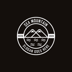 Modern vintage Sea and mountain landscape logo vector template on black background