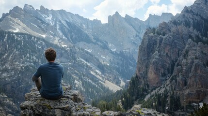 Naklejka na ściany i meble A man sits on a rock face hidden from view as contemplates the majesty of the towering mountain ahead of him. . .