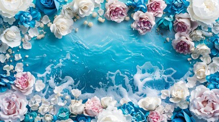 A nautical-themed floral arrangement featuring blue and white flowers against a blue water background. Copy space.
