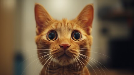 An orange cat with wide eyes and a startled expression, reacting to something unexpected