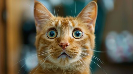 An orange cat with wide eyes and a startled expression, reacting to something unexpected