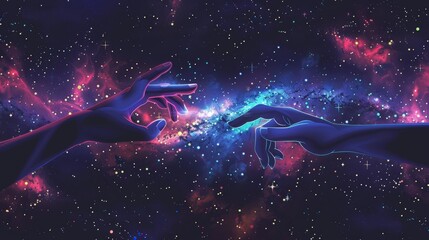 Obraz na płótnie Canvas Two hands reaching toward each other against a dark galaxy background