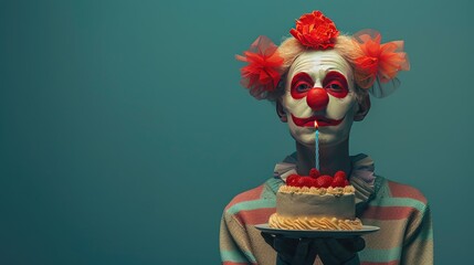 A clown with a cake on a blue background. The concept of a birthday celebration.