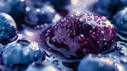The juicy blueberries in the topping, capturing the individual berries and their glistening surface - Powered by Adobe