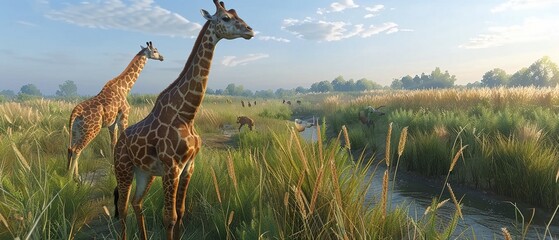 Giraffes browsing in grasslands, random placement, photorealistic quality, natural lighting ,ultra HD,clean sharp - obrazy, fototapety, plakaty