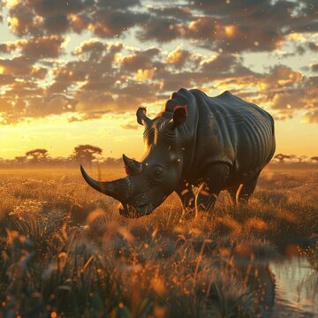 Photorealistic image of a lone rhino, wild savannah setting, illuminated by natural light ,3DCG,high resulution